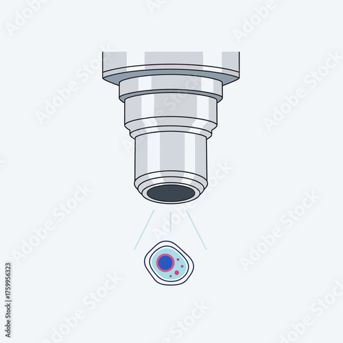 Microscope lens examining a cell with nucleus and organelles.