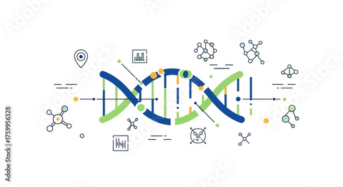 DNA helix with molecular structures and data visualizations.