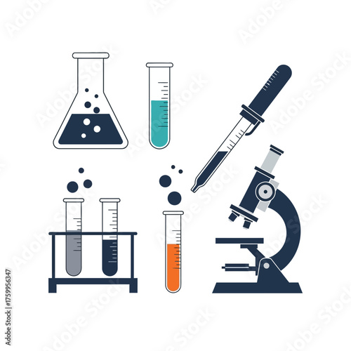 Laboratory equipment including beakers, test tubes, and a microscope.