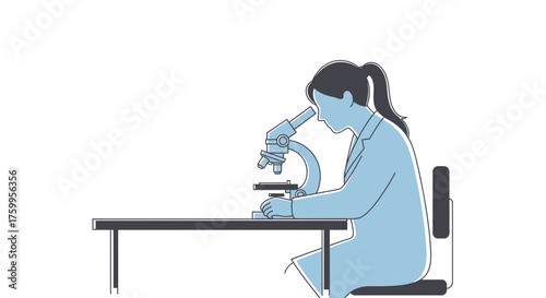 Person in lab coat using microscope at desk.