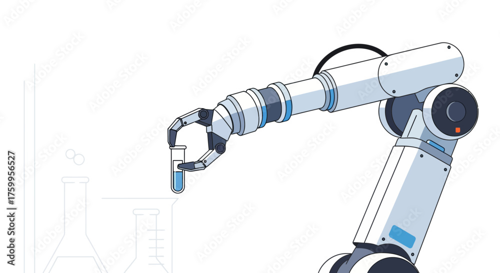 Fototapeta premium Robotic arm holds test tube with blue liquid near beakers.