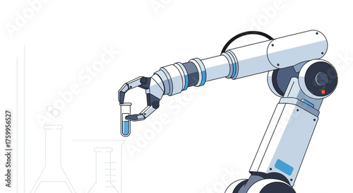 Robotic arm holds test tube with blue liquid near beakers.