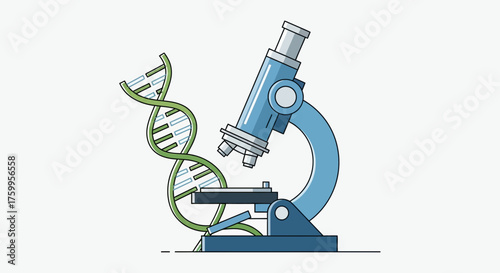 Microscope examining a DNA strand, representing scientific research and discovery.