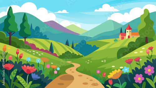 A charming countryside scene of rolling meadows adorned with a riot of colorful wildflowers inviting you to take a leisurely stroll and soak in the beauty of nature.