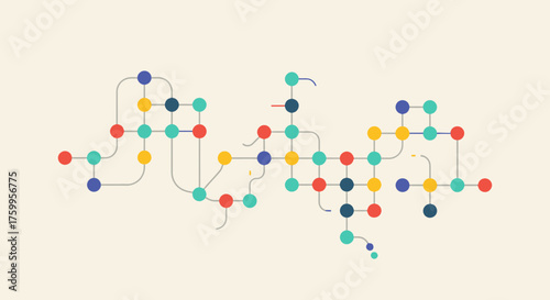 Colorful dots connected by lines form an abstract network or map.