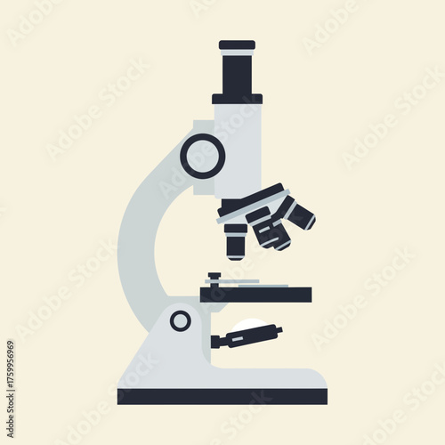 A scientific microscope with multiple lenses and a stage.
