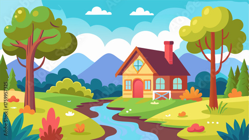 A quaint cottage surrounded by colorful trees with a bubbling brook running through the backyard.