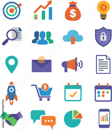 Modern Flat Business and Marketing Icon Set – Creative Vector Collection for Finance, Growth, and Communication Concepts