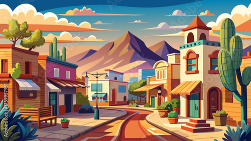 Very beautiful daytime view of the historic downtown district of Tubac, Arizona, USA, showcasing adobe-style buildings, colorful art galleries, and rustic charm beneath the clear desert sky.