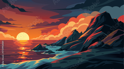 A dramatic sunset over a rocky coastline with the last rays of light reflecting off the turbulent sea.