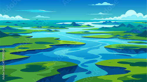 A breathtaking aerial view of a wide shallow estuary with vivid green marshes contrasting against the deep blue of the ocean and distant islands peppering the horizon.