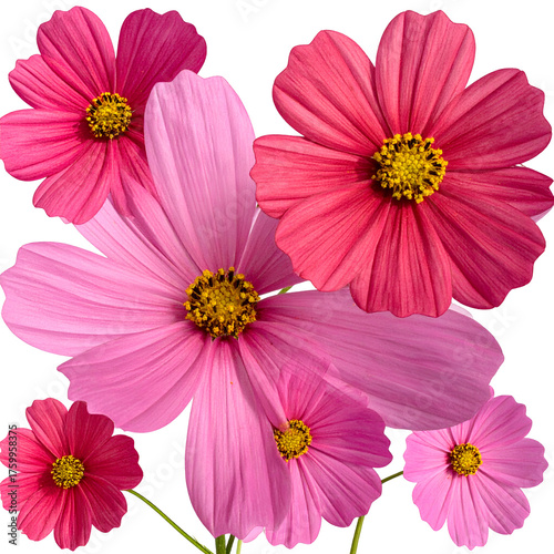 A cluster of vibrant cosmos flowers in varying shades of pink and red