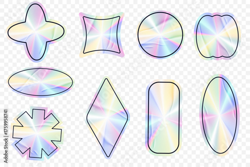 Holographic stickers set. Gradient silver foil labels with geometric shapes. Vector metal stamps with neon iridescent texture. Rainbow tape for original products and certificates.