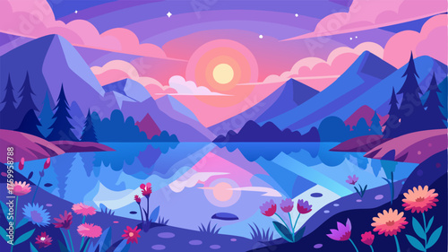 A dreamy vista of a crystalline lake reflecting a burst of wildflowers in various shades of pinks purples and blues.