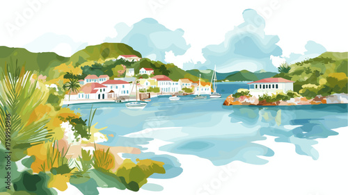 English Harbour. English Harbour hand drawn watercolor illustration