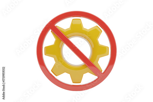 Gear symbol prohibited, no access, no entry, no work, stop the process, red circle with slash through yellow gear icon