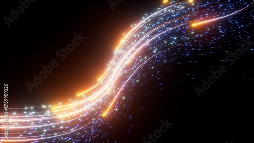 Wallpaper Mural 3d render. Abstract wavy neon lines and bokeh lights isolated on black background. Speed of light, energetic stream. Fantastic wallpaper Torontodigital.ca
