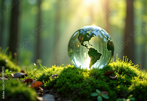 Crystal globe glass on green moss in forest to protect nature Save and care World for sustainable. concept of the environment ecology and Earth Day. Eco environment, Net zero and ESG concept.