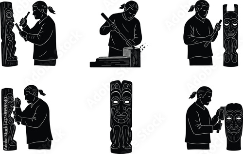 Silhouette wood sculptor carving tribal totem pole with chisel and hammer, traditional craftsmanship, artistic handmade woodworking, creative artisan design