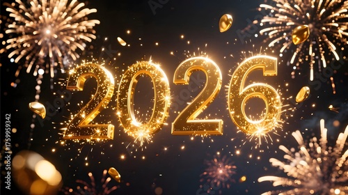 Wallpaper Mural 2026 golden numbers floating among fireworks cinematic light bursts elegant New Year theme ultra detailed 16_9 composition Torontodigital.ca