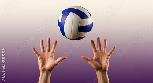 Volleyball game anticipation, hands reaching for the blue and white ball