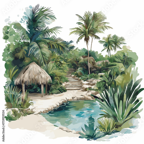 Sian Ka?an Biosphere Reserve. Sian Ka?an Biosphere Reserve hand drawn watercolor illustration