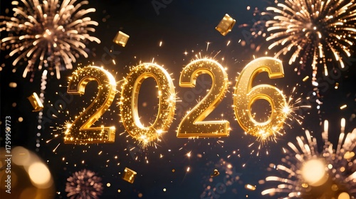 Wallpaper Mural 2026 golden numbers floating among fireworks cinematic light bursts elegant New Year theme ultra detailed 16_9 composition Torontodigital.ca