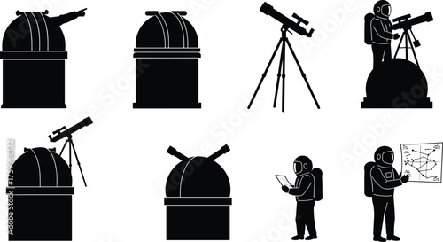 Silhouette of astronaut observing stars with telescope, astronomy observatory dome, stargazing, space exploration, night sky research, cosmic observation illustration