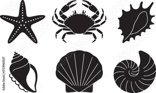 Sea Life Silhouette Vector Set with Crab, Shells, and Starfish