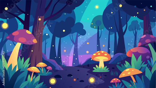 A magical clearing filled with sparkling fireflies and softly glowing mushrooms creating an otherworldly atmosphere.