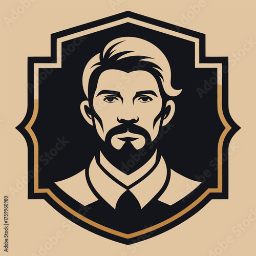 Bearded Man Vector Art Deco Portrait Emblem Badge Vintage Style with Black Outline on Tan Background