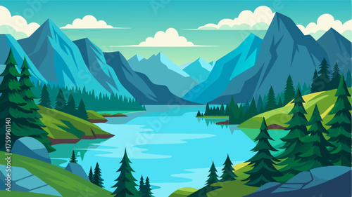 A picturesque lake bordered by lush forests and rugged terrain inviting you to explore the untouched natural beauty.