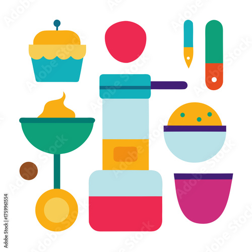 Colorful flat vector illustration of baking process and ingredients for desserts isolated on white background