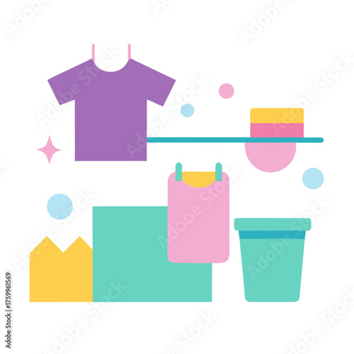 Laundry process vector illustration washing drying clothes cleanliness concept isolated on white background
