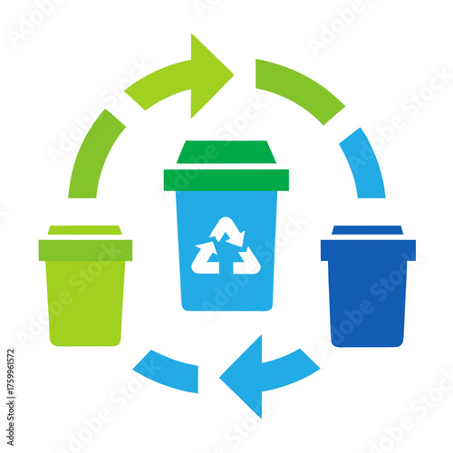 Modern eco vector illustration of a recycling process with three bins isolated on white background