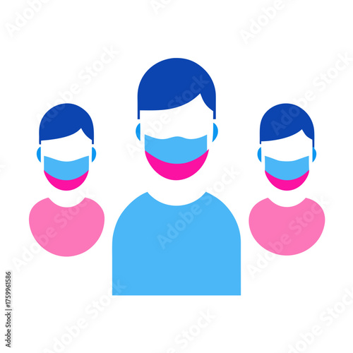 Vector illustration of three people wearing protective face masks scalable svg isolated on white background