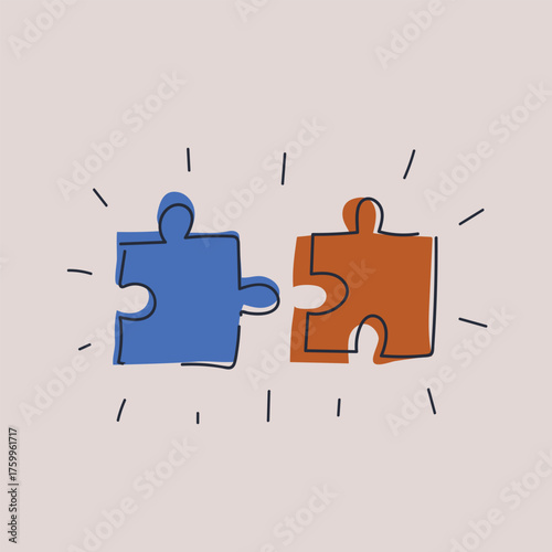 Cartoon vector illustration of two puzzle pieces trying to fit together, symbolizing connection as the search for a perfect match