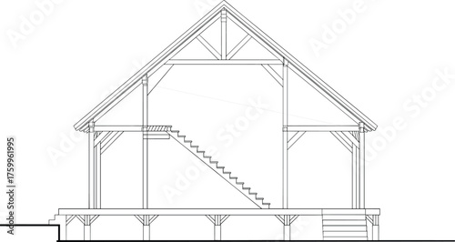 Architectural section drawing of two-story building, pitched roof, exposed beams, staircase and foundation detail, structural design sketch template