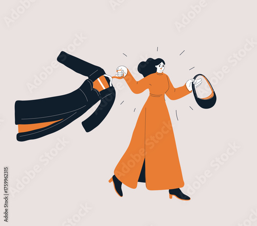 Cartoon vector illustration of a woman walking with a dress to a fitting room, symbolizing fashion as the journey to self-expression