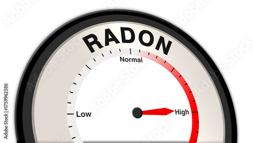 Radon levels at high concentration, displayed on a barometer or tachometer, indicating dangerous radioactive presence, highlighting environmental and health risks with urgent monitoring