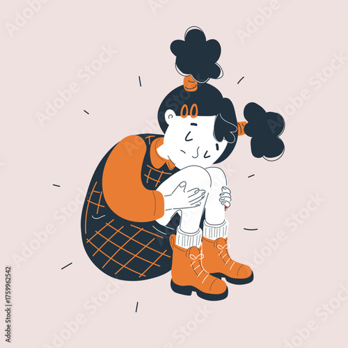 Cartoon vector illustration of a little girl sitting with her knees hugged, symbolizing childhood shyness and quiet moments of sadness