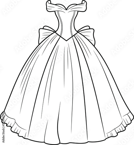 Formal gown fashion illustration, off-shoulder neckline, voluminous skirt, bow and ruffle details, elegant dress sketch for garment design