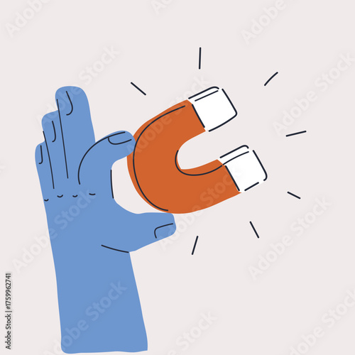 Cartoon vector illustration of a hand holding a magnet, symbolizing drawing opportunities as attracting new possibilities