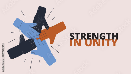 Cartoon vector illustration of hands stacked seen from above, symbolizing collaboration as working together toward shared goals