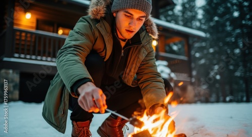 Cozy winter getaway as a stylish man roasts marshmallows over a crackling fire outside a rustic cabin, creating warm memories and joyful moments