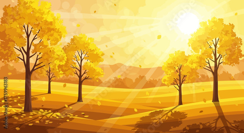 Golden autumn landscape with trees and sun rays