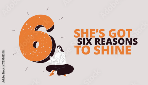Cartoon vector illustration of a woman holding the number six, symbolizing achievement as embracing milestones and goals