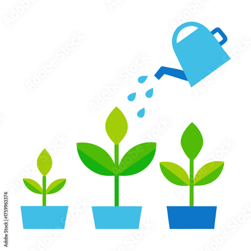 Vector illustration of plant growth stages watering pouring absorbing iconic design isolated on white background