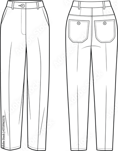 Technical pants fashion illustration, front and back view, slanted pockets, patch pockets, yoke seam, garment construction drawing, apparel design