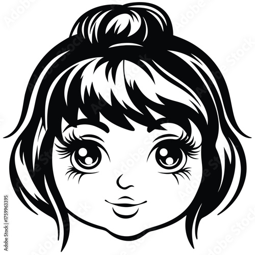 Pretty monochrome face of an anime style girl shows off her unique hair bun